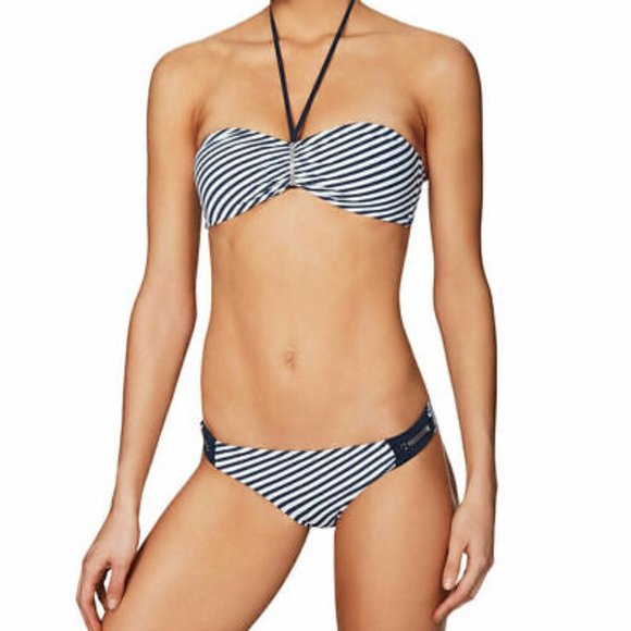 Heidi Klum Womens Sun Dappled Striped Embellished Swim Top  NWT Navy - Picture 2 of 3